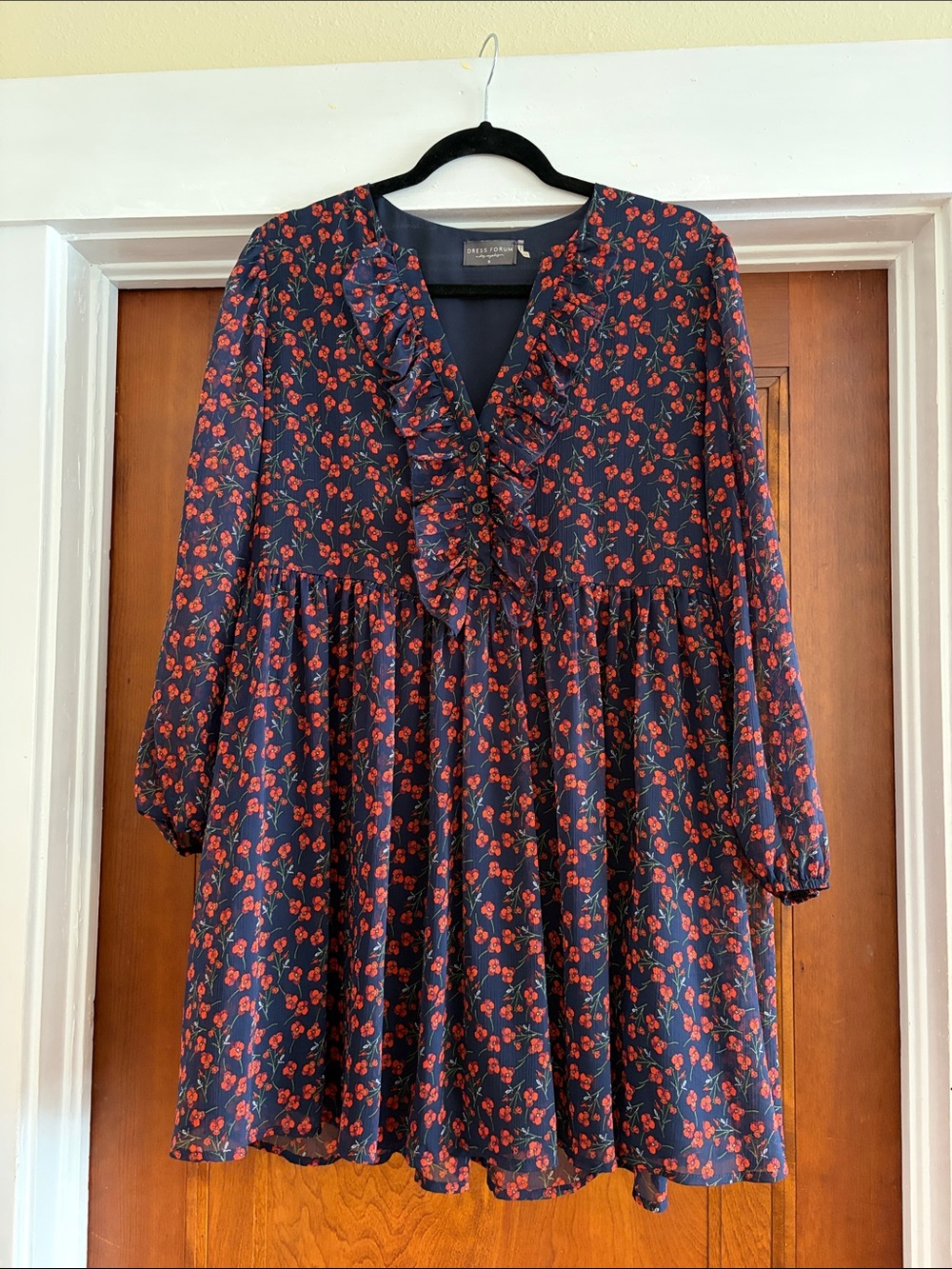 Navy Floral Long-Sleeve Ruffle V-Neck Dress